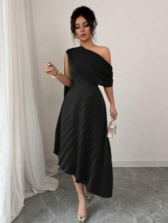 Rafferiza 女士优雅雪纺垂坠单肩亮面褶皱长裙，春夏