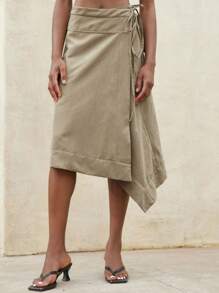 Aveloria Modichic Young Casual Vacation Wrap-Around Tie Strap Asymmetrical Hem Long Skirt For Women Fall Cloth For Women - Olive Green - View 6