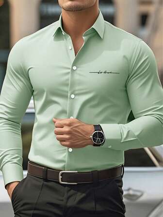 Manfinity Bizformal Camisa de manga larga de poliéster verde menta para hombre, con cuello de negocios y detalles bordados, para uso diario, otoño