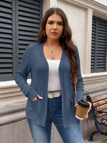 SHEIN LUNE Plus Size Casual Versatile Solid Color Cardigan Blue Cardigan Knitted Knitted Cardigan For Women Casual Cardigan Curve Cardigan In Fall/Winter - Dusty Blue - View 4