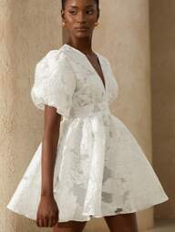 Aveloria Rosie Heavy Embroidered Voile Floral Deep V-Neck Waist Gathered Petal Sleeve Maxi A-Line Dress For Women