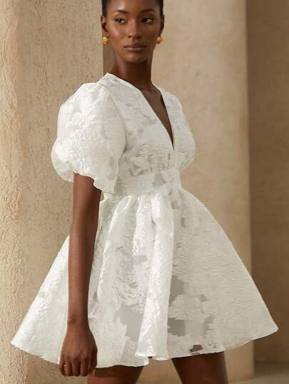 Aveloria Rosie Heavy Embroidered Voile Floral Deep V-Neck Waist Gathered Petal Sleeve Maxi A-Line Dress For Women