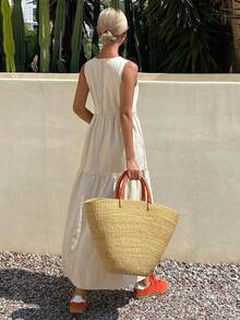 DAZY 新款春季度假牛仔连衣裙，适合女士/女孩夏季穿着，可作吊带裙 - 杏色 - 查看 2