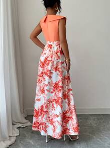 Elenzga Women's Elegant Contrast Color Waist Printed Dress