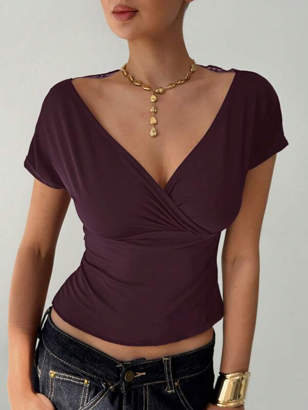 Aloruh Women's Wine Red T-Shirt With Sexy Lace Back