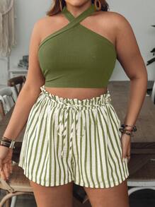 SHEIN VCAY Plus Size Women Holiday Solid Color Halter Top And Striped Shorts 2 Pieces Set - Army Green - View 6