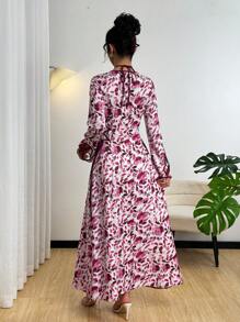 Yasmyna 女式侧腰系带浪漫花卉印花束腰优雅阿拉伯风格连衣裙，春夏 - 彩色 - 查看 2