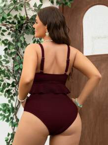 Swim Mod 大码女式蝴蝶结和荷叶边细节泳衣套装，甜蜜假期 - 酒紅色 - 查看 2