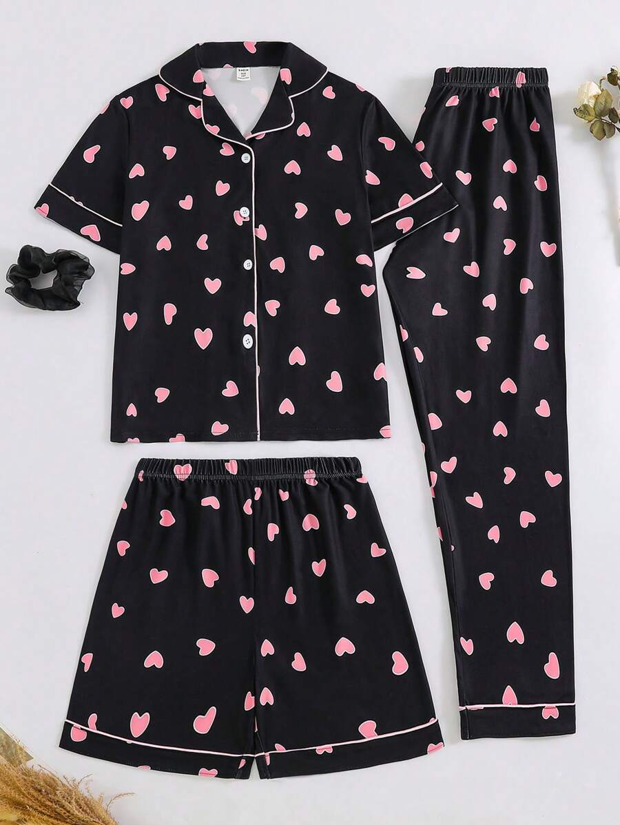 3 PiecesGirls Casual Heart Print Cardigan, Top And Pants/Shorts Loungewear Sets Girls Clothes Set Teen Girl Shirts Rainbow Summer Sets Pride Young Girls Sets Summer Pj Sets Cute Sets For Teens