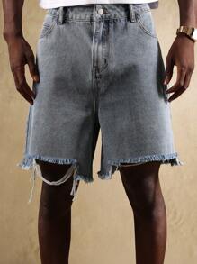 SUMWON Pantaloni scurți din denim cu croi larg, stil vintage, stil festival, croială lejeră, tiv brut, croială scurtă