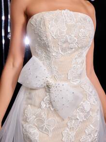 Glamrae Elegant Luxury Lace Splice Mesh Mermaid Tail Bridal Gown Flounce Long Train Wedding Dress Suitable For Wedding, Party, Prom - Beige - View 4