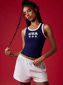 MISSGUIDED 美国国庆日星形标志背心，露背设计，夏季复古短款无袖修身运动背心 - 藍白色 - 查看 4