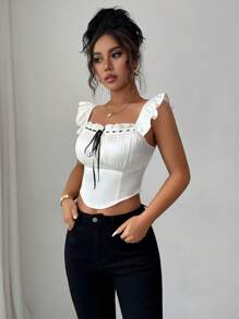 Elenzga Women's Tie Front Color Block Frill Trim Cap Sleeve Blouse - White - View 3