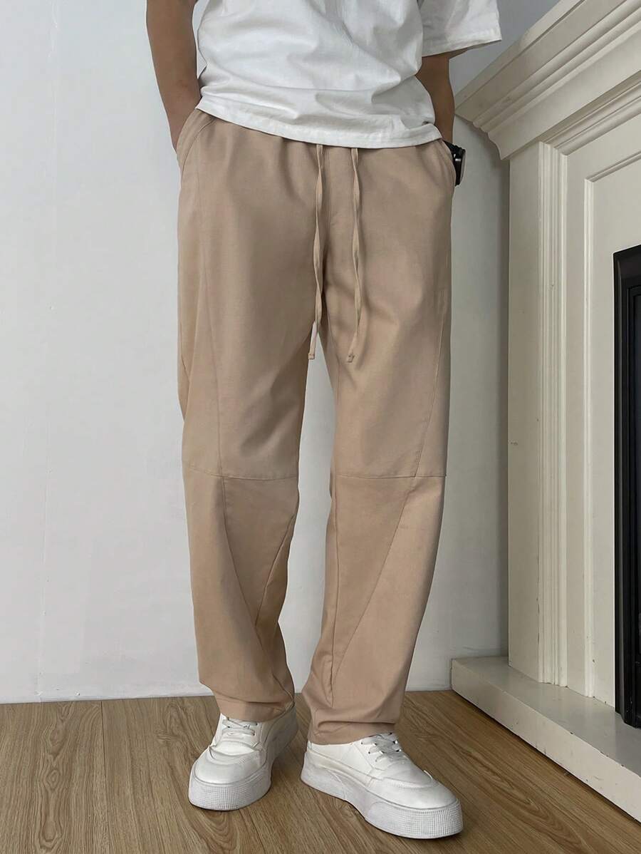 Manfinity Homme Men's Solid Color Drawstring Waist Side Pockets Straight Loose Casual Pants, Fall - Baby Pink - View 1