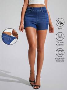 Flexra Women's High Waist Stretchy Casual Blue Denim Summer Shorts - Dark Wash - View 1