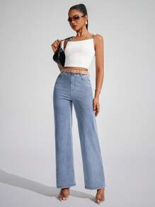 Flexra Women's Casual Elastic Waist Straight Leg Jeans, Does Not Include Belt - Light Wash - View 4