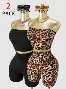 SHEIN SXY Plus Size Women's Basic Solid Casual 2pcs/Set Leopard Print And Solid Color Multipacks Tube Top And Shorts Set,Suitable For Hip-Hop,Leisure,Street Style,Western Wear,Music Festival,Vintage,Minimalism,Concert,Carnival Party,Resort,Outing,Vacation,Holiday,Date Night,Gathering,Birthday,Bachelorette Party Outfit ,Gyaru,Break,Rave,Modest,Chic,Club,Cute,Casul,Shopping, Streetwear,Going Out,Y2K,Y3K,Coquette,Easy To Match&Looks Slim,Accent Your Body,Flatter The Figure
