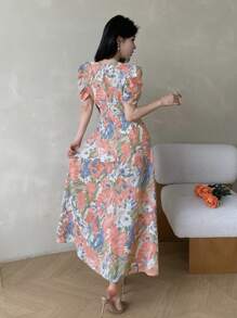 Modelyn 女式修身交叉领珍珠纽扣泡泡袖连衣裙 - 彩色 - 查看 2