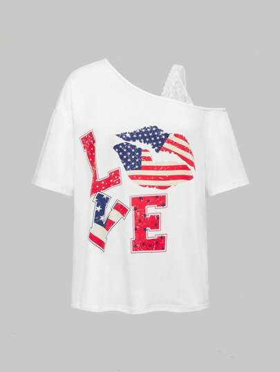 ROMWE Avant T-shirt décontracté et ample pour femmes avec col asymétrique, imprimé drapeau et lèvres, pour le 4 juillet