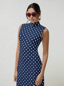 COSMINA 优雅女士春秋波尔卡圆点印花立领无袖鱼尾长款复古风格优雅连衣裙