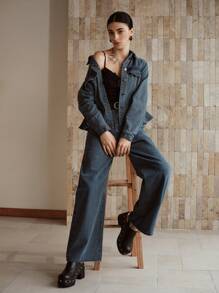 MOTF PREMIUM BUTTON UP PEPLUM TOP & SLANT POCKET JEANS DENIM SET - Blue - View 8