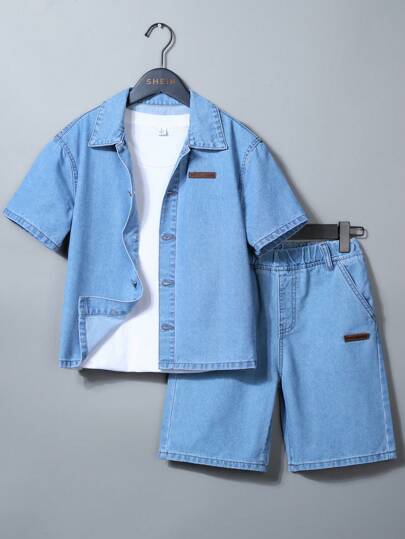 SHEIN Explorewe 2 件套青少年男孩服装套装牛仔短袖 T 恤和牛仔中长短裤，适合春夏季