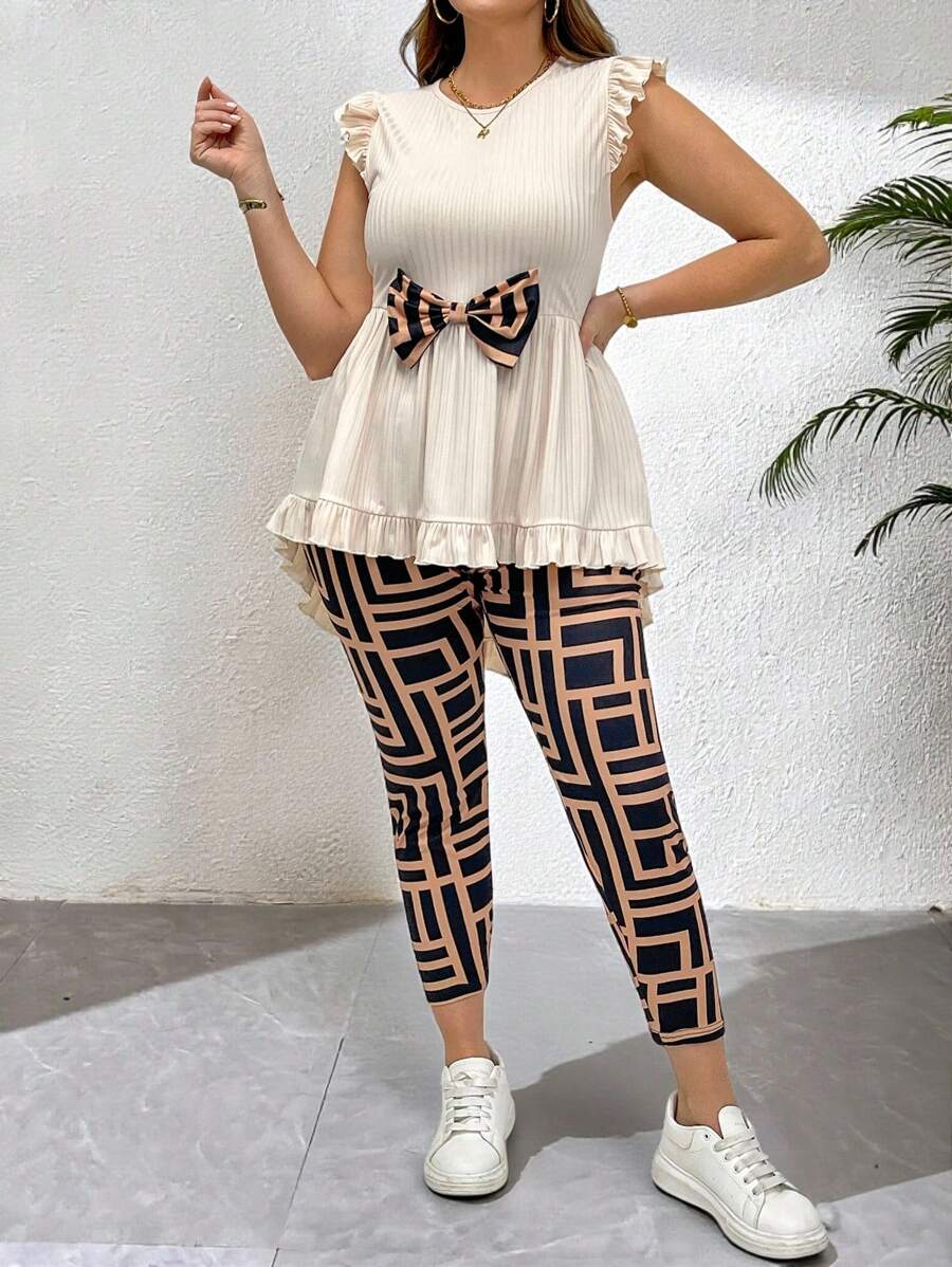 SHEIN Essnce Completo taglia comoda da donna, completo con fiocco, completo carino, completo con fiocco per uscire estivo, top carini e set di due pezzi da donna per vacanza estiva