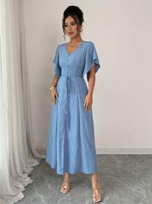 Elenzga Abito elegante e casual da donna con scollo a V, linea A, lunghezza media, decorazione con bottoni, maniche a sbuffo, adatto per festa del tè, vacanze, pendolarismo, primavera e estate - Blu - Visualizzare 5