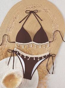 Swim Mod Spring Break Solid Textured Seashell Drawstring Decorated Halter Bikini Top And Drawstring Bottoms, Summer Beach Party Swimsuits For Women - Coffee Brown - View 3