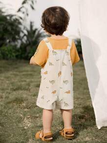 Cozy Pixies 2pcs/Set Baby Boy Soft Knit Cartoon Dinosaur Print Short Sleeve T-Shirt And Bib Shorts Set - Multicolor - View 2