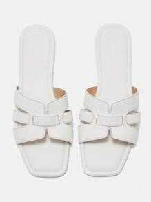 CUCCOO CURVES Wide-Width White Open Toe Flat Slide Sandals, Summer Holiday Beach Slippers - Beige - View 2