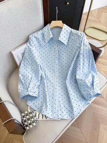 SHEIN 女士休闲通勤波尔卡圆点印花衬衫 - 淺藍色 - 查看 7