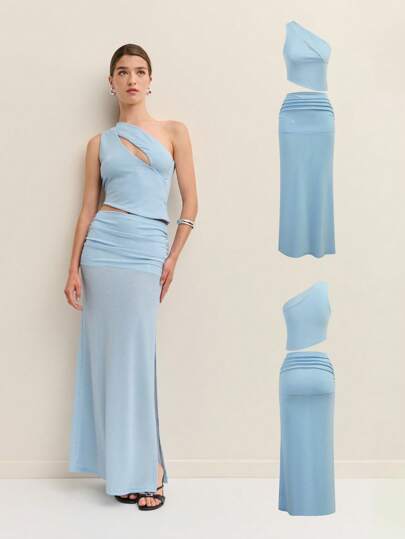Nöista Two Piece Outfit Co-Ord Sexy Going Out Outfit Maxi Skirt Low Waist Big Slit Ruched Waist Asymmetric Top With Front Cut Out Birthday Outfit For Women