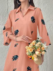 Al Najma Embroidered Collar Long Casual Dress - Orange - View 5