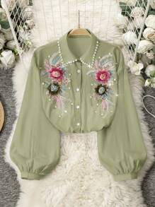 Seusyu 刺绣串珠宽松女式衬衫，春夏甜美风格 - 綠色 - 查看 1