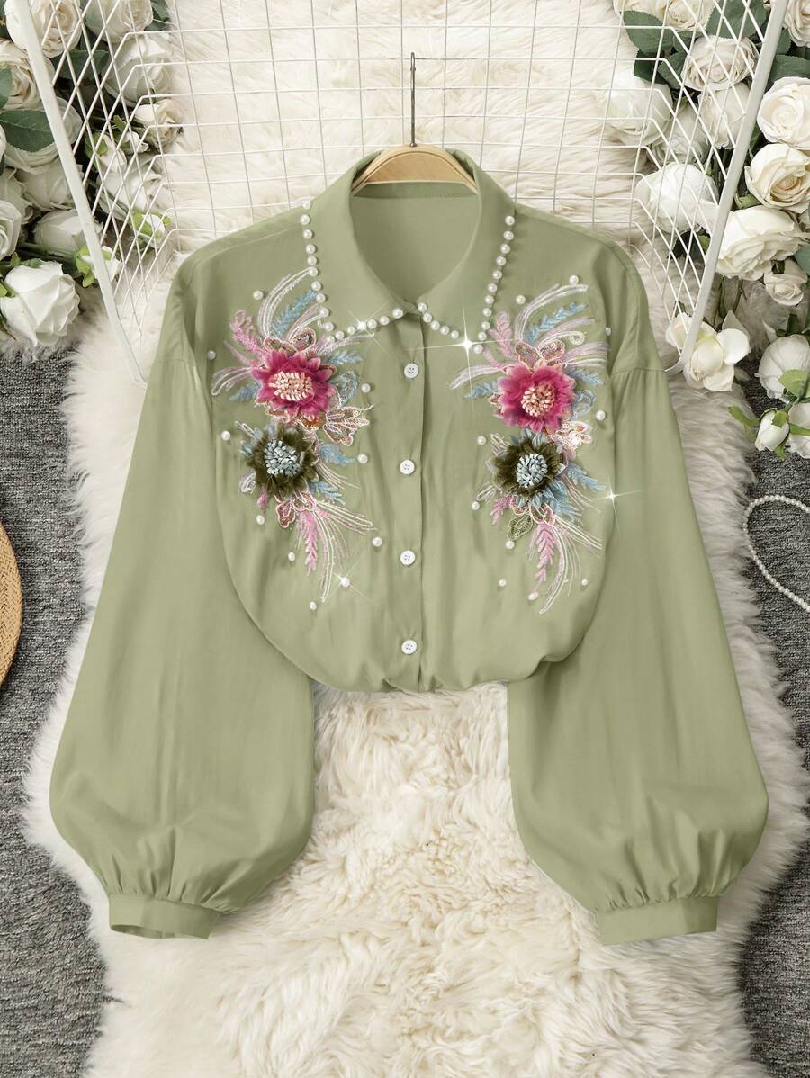 Seusyu 刺绣串珠宽松女式衬衫，春夏甜美风格 - 綠色 - 查看 1