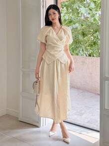 DAZY 女士优雅 V 领泡泡袖交叉衬衫和 A 字裙两件套，纯色，夏季 - 粉色 - 查看 3