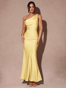 Silquee 优雅女士不对称露背开衩长裙，适合日常穿着、约会、夜总会、派对、秋季 - 黃色 - 查看 3
