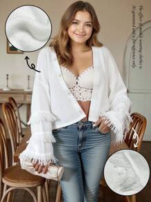 EMERY ROSE Plus Size Casual Solid Color Tassel Decor Cardigan Summer Fall Winter Autumn - White - View 4