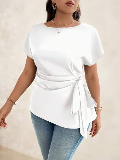 SHEIN Clasi Plus Size Women's Summer Plain Round Neck Batwing Sleeve Side Knot Blouse,Business Casual Woman