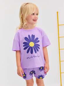 SHEIN 2pcs Young Girl Casual Loose Fitted Colorblock Bow Decor T-Shirt & Shorts Set