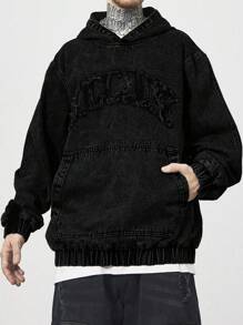 Manfinity EMRG Men's Black Washed Denim Hooded Jacket With Embroidered Design And Zipper Details