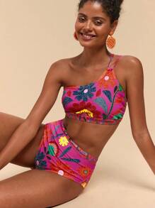 Travachic Conjunto de bikini floral sexy de un hombro para mujeres en la playa de verano