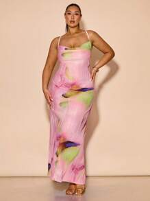 SHEIN BAE 大码女式优雅花卉印花超长吊带裙、度假装、度假太阳裙、海滩度假装、热带度假女装、女式夏季服装、太阳裙、日常穿着、露背连衣裙、超长连衣裙、女式花卉连衣裙、褶皱、女式淡色连衣裙 - 彩色 - 查看 2