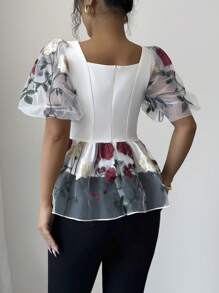 Selianne Women's Summer Floral Embroidered Mesh Puff Sleeve Fashionable Blouse - Multicolor - View 2