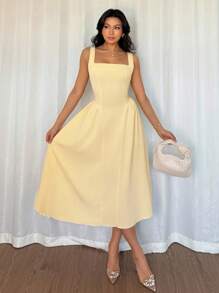 Modelyn Yellow Square Neck Waist-Cinched A-Line Butterfly Dress - Yellow - View 4