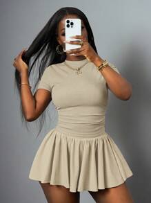 Slaydiva New Spring And Summer Casual Basic Style, Sports Style, Simple Round Neck, Short Sleeves, Pleated Short T-Shirt On Both Sides + A Swing Umbrella Skirt, Short On Both Sides, Front And Back, Medium Length, Light Gray Ribbed Knitted Fabric Women's Two Pieces Set - Apricot - View 3
