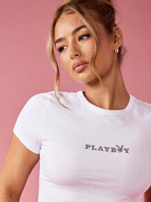Missguided x Playboy MISSGUIDED Short Sleeve Athletic Crop Top Baby Tee Form Fitting Athleisure Casual Workout Gym Sports Top