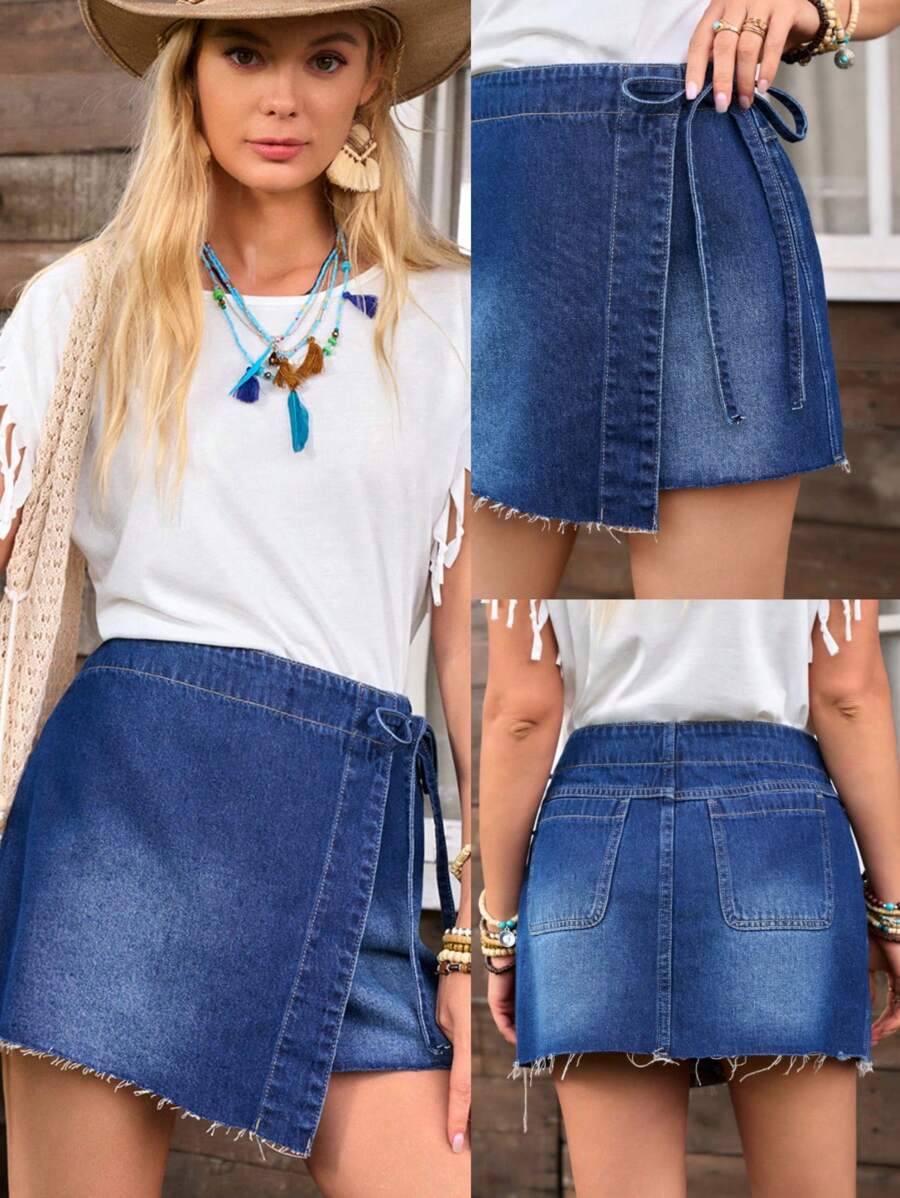 EMERY ROSE Women Denim Washed A-Line Skirt, Fashionable For Summer - Dark Wash - View 1