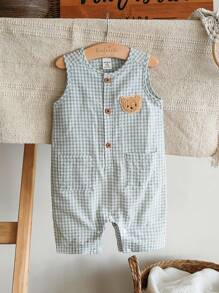 SHEIN 男婴可爱熊刺绣领亨利连体裤，带口袋，适合通勤、休闲、度假、运动、春夏季、男婴服装、婴儿服装、幼儿连体衣